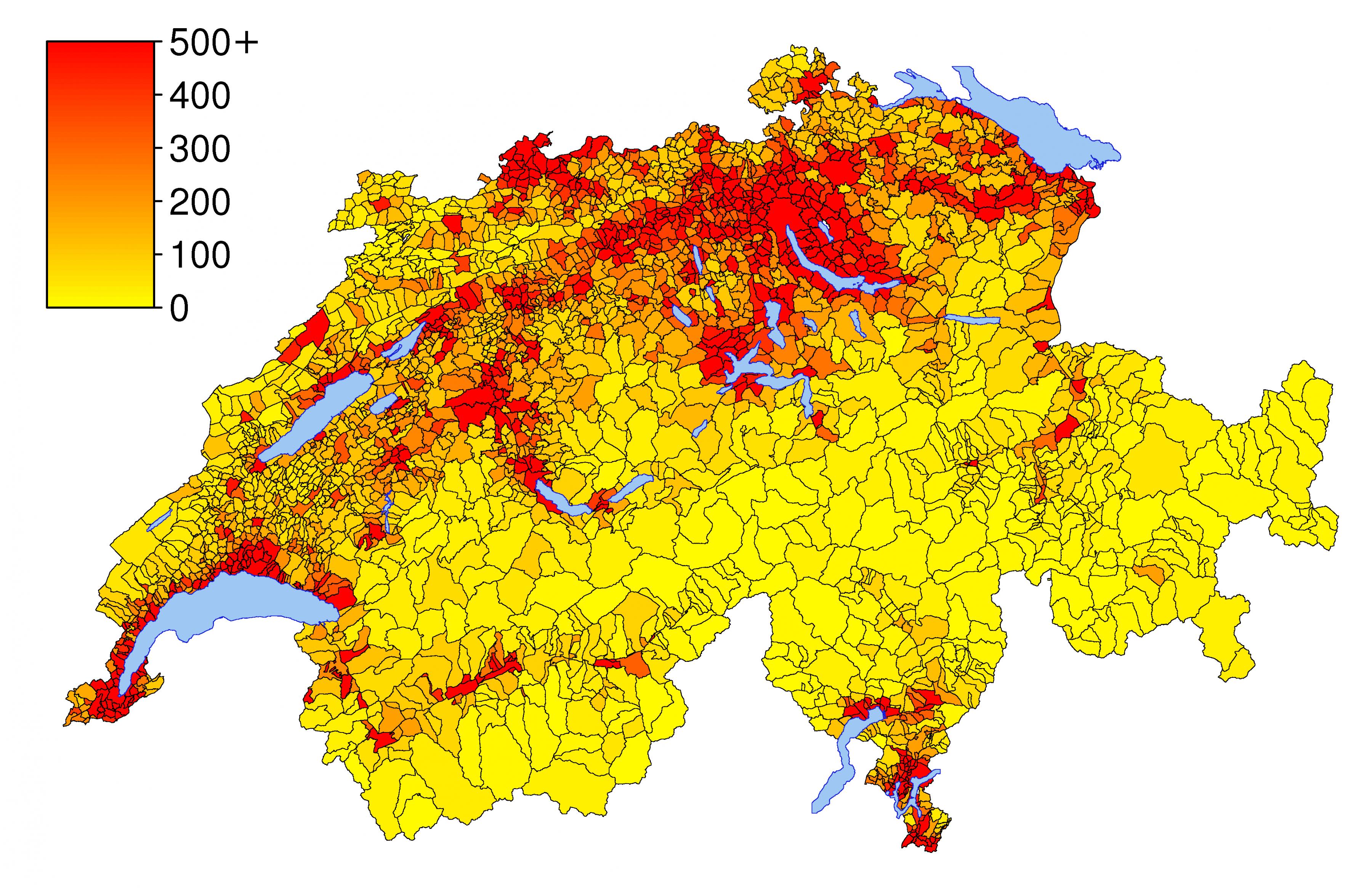 スイス人口地図 スイス人口密度の地図 西欧 ヨーロッパ