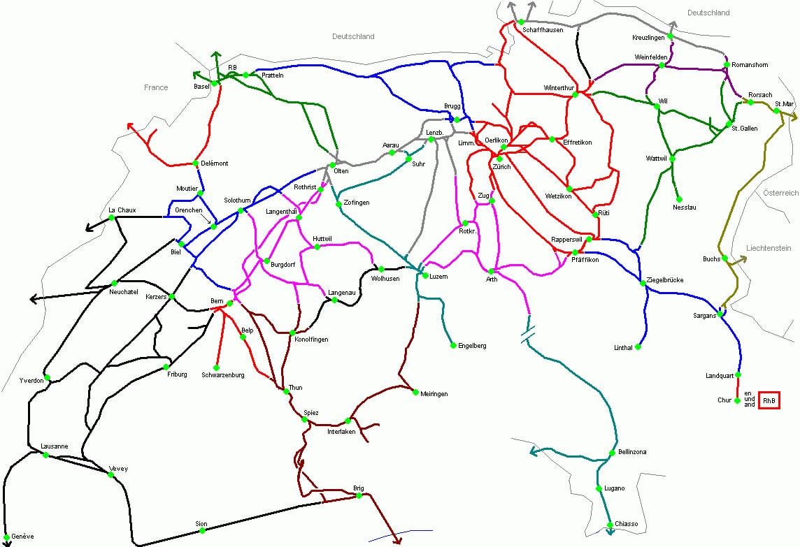 地図のスイス鉄道駅 